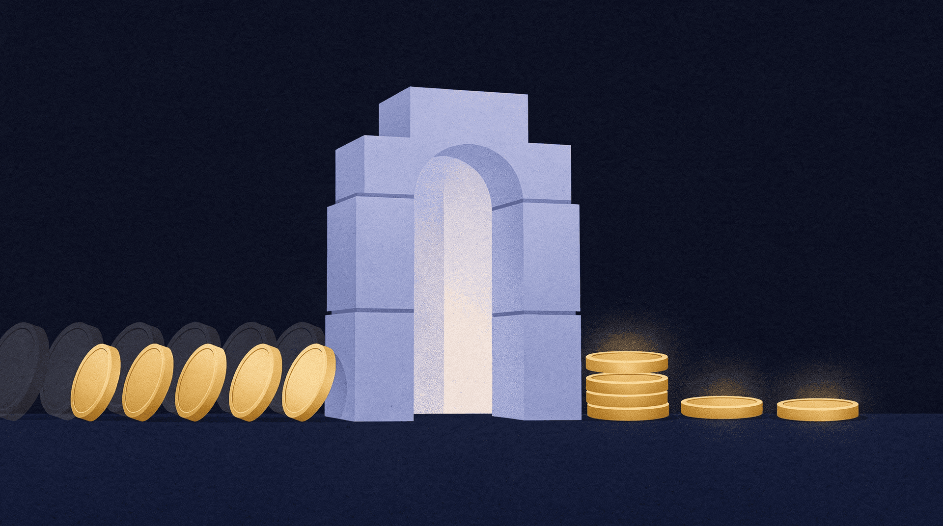 Illustration of golden coins moving from left to right, passing through a stone-like archway, and then stacking up on the right.